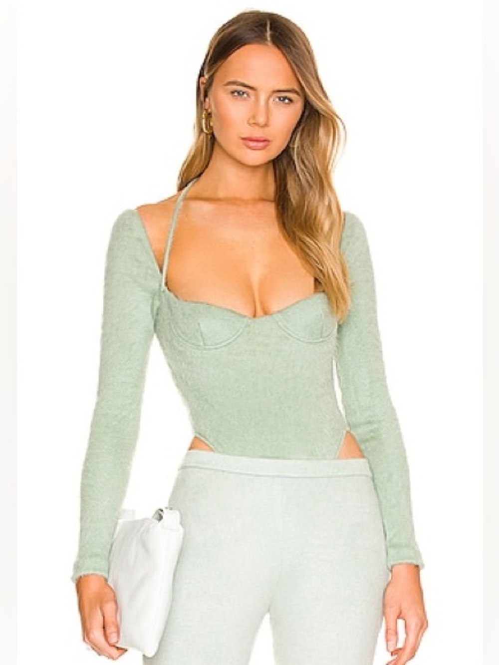 LAQUAN SMITH Halter Long Sleeve Bodysuit in Mint